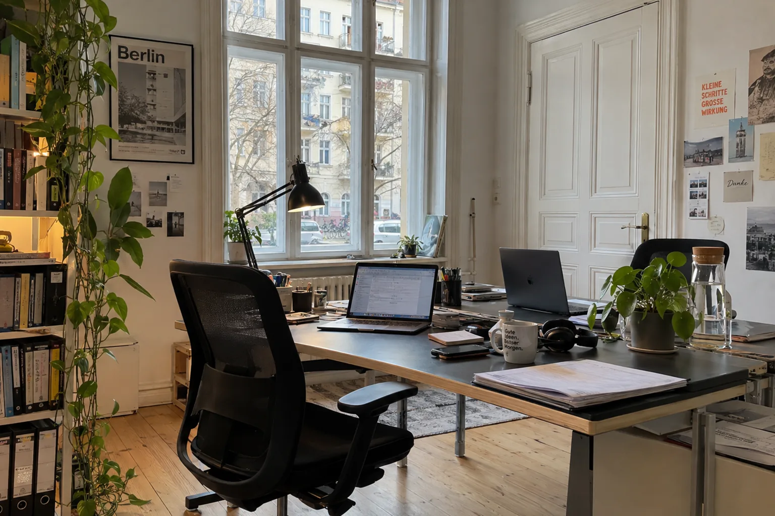 Modernes Berliner Altbau-Büro mit Schreibtischen, Pflanzen und großen Fenstern